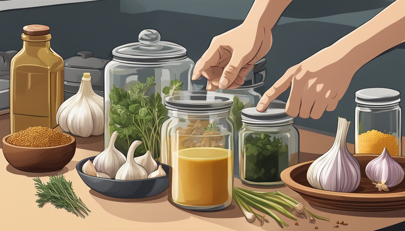 A hand reaching for a jar of garlic cloves, a bowl of vinegar, and a selection of herbs and spices on a kitchen counter