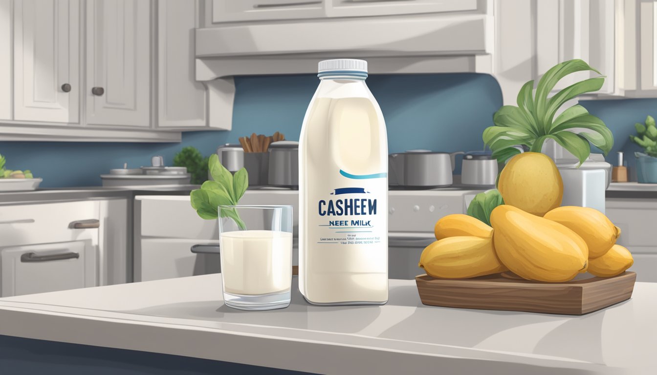 A carton of cashew milk sits on a kitchen counter, next to a refrigerator. The label indicates that it needs to be refrigerated after opening