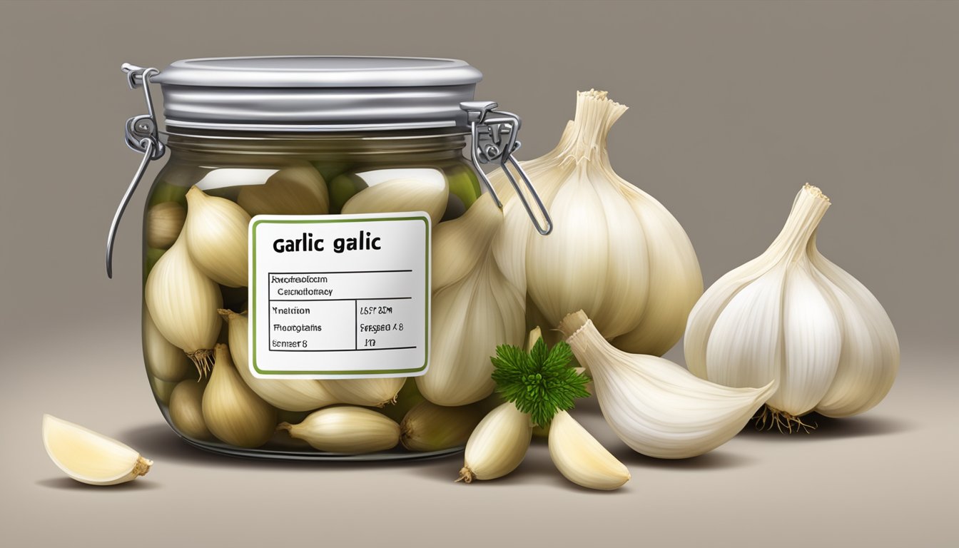 A jar of pickled garlic surrounded by fresh garlic bulbs and cloves, with a label displaying nutritional information