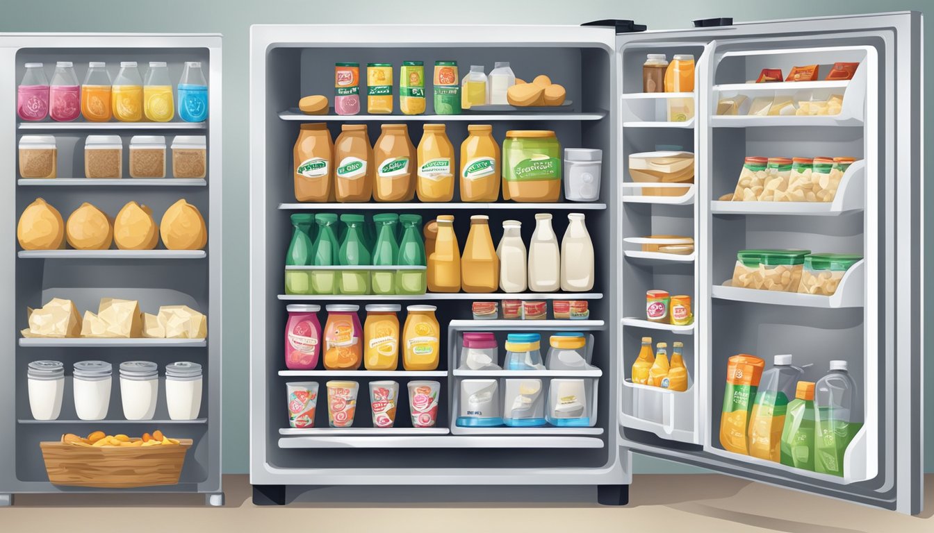 A refrigerator with various food and drink items, including a carton of cashew milk prominently displayed on a shelf