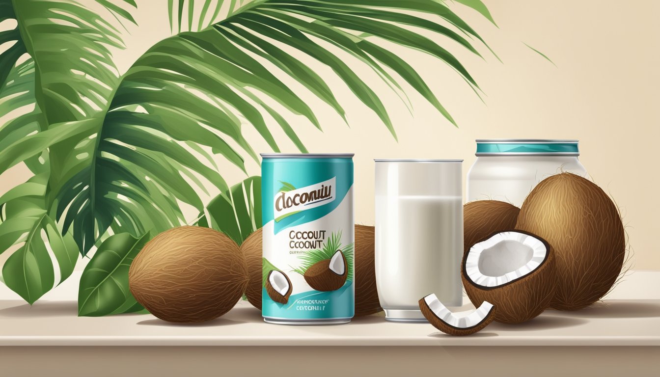 A can of unopened coconut milk on a kitchen counter, surrounded by fresh coconuts and a tropical plant