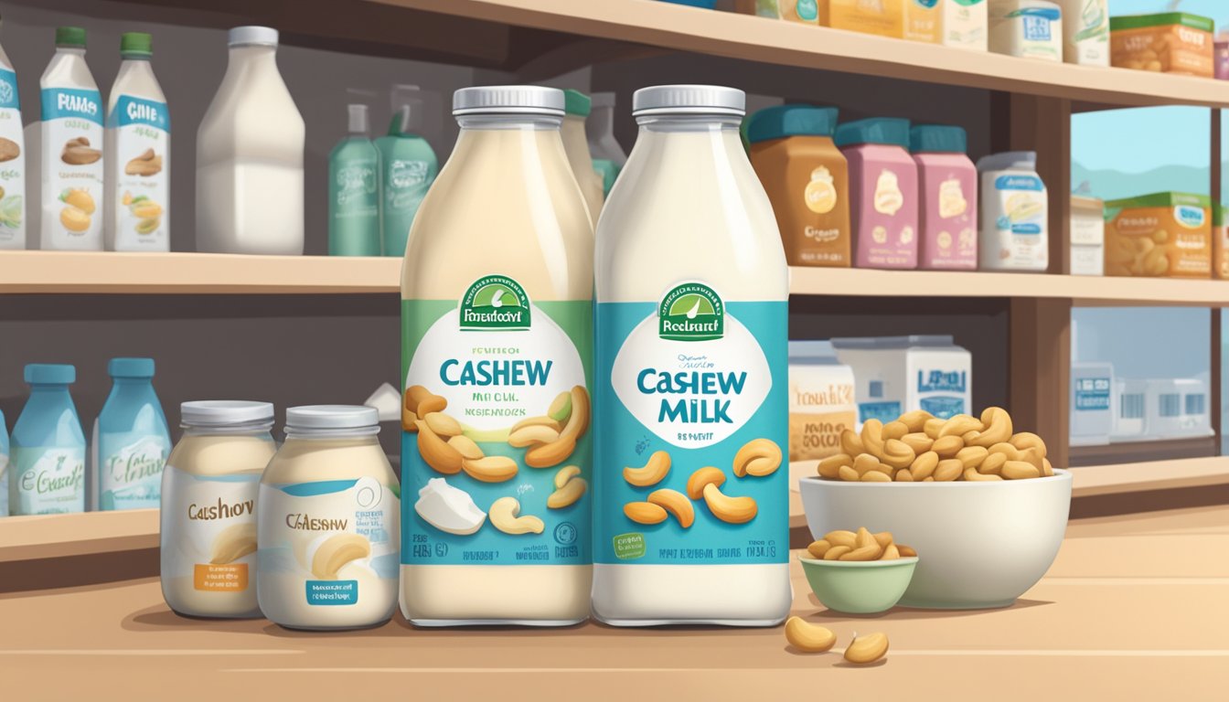 A bottle of cashew milk sits on a shelf next to other non-dairy products, with a label indicating it does not require refrigeration