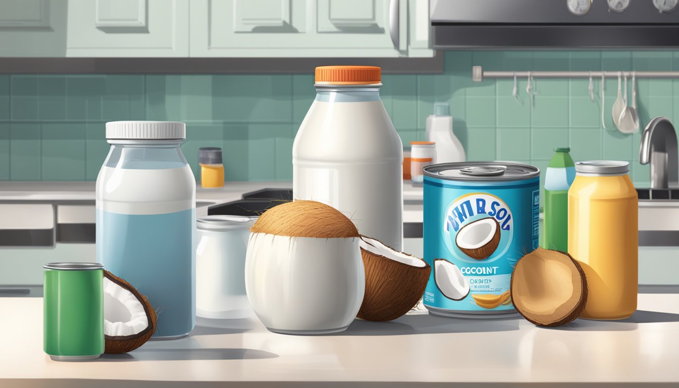 An open can of coconut milk sits on a kitchen counter, surrounded by various leftover containers. A refrigerator door is slightly ajar in the background