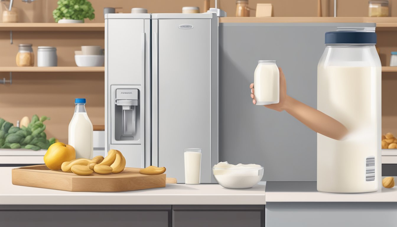 A carton of cashew milk sits on a kitchen counter next to a refrigerator. The refrigerator door is open, with a hand reaching for the carton