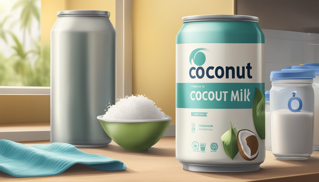 A can of coconut milk sits on a kitchen counter next to a refrigerator, with a question mark hovering above it