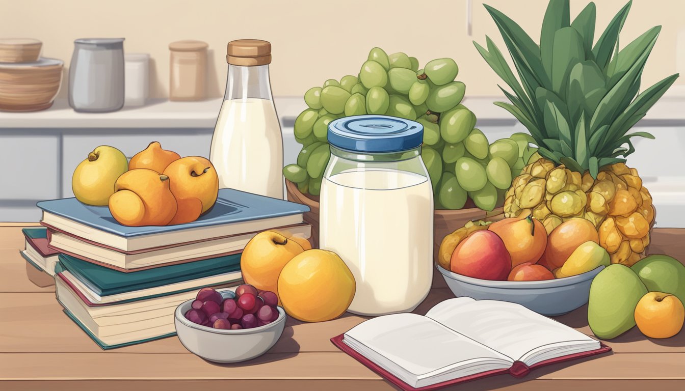 A carton of cashew milk sits on a kitchen counter next to a bowl of fruit and a stack of recipe books