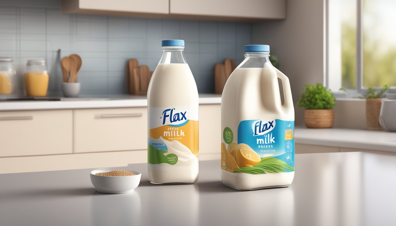 A carton of flax milk sits on a kitchen counter, with a refrigerator in the background