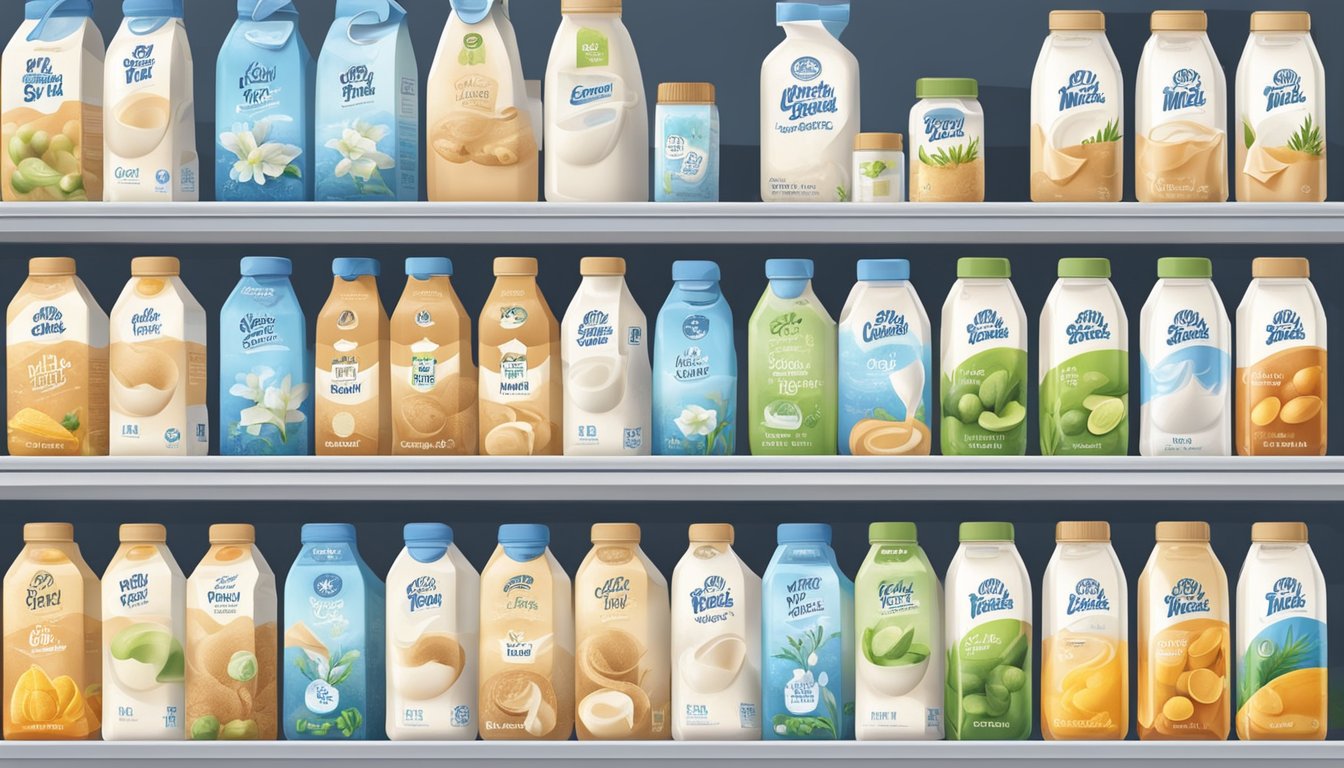 A variety of flax milk cartons on a grocery store shelf, some refrigerated and some at room temperature