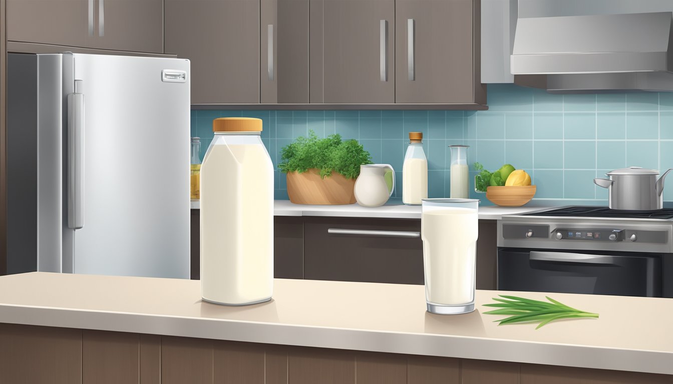 A carton of rice milk sits on a kitchen counter, next to a refrigerator