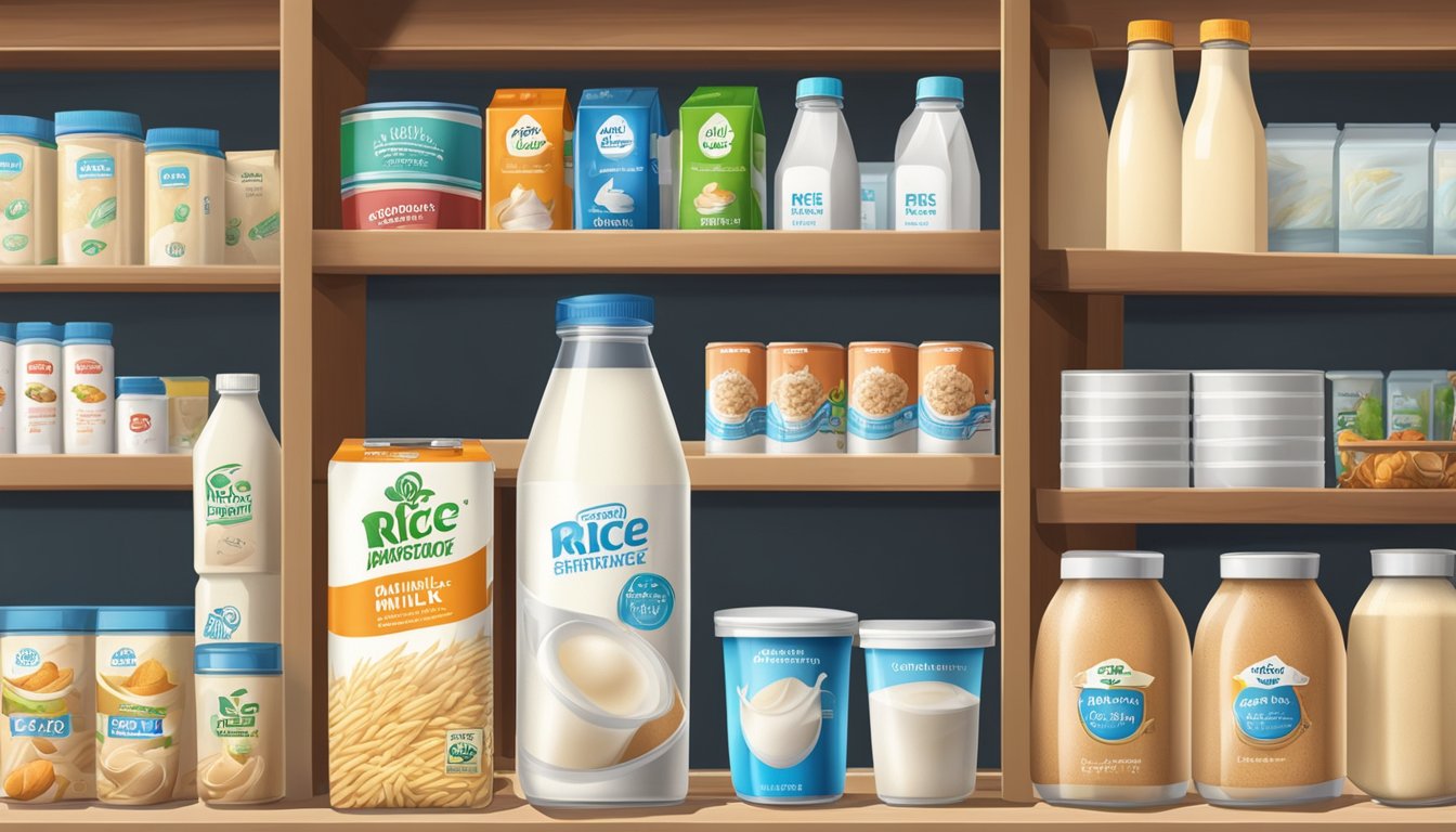 A shelf with a carton of rice milk next to other non-perishable items, with no refrigerator in sight