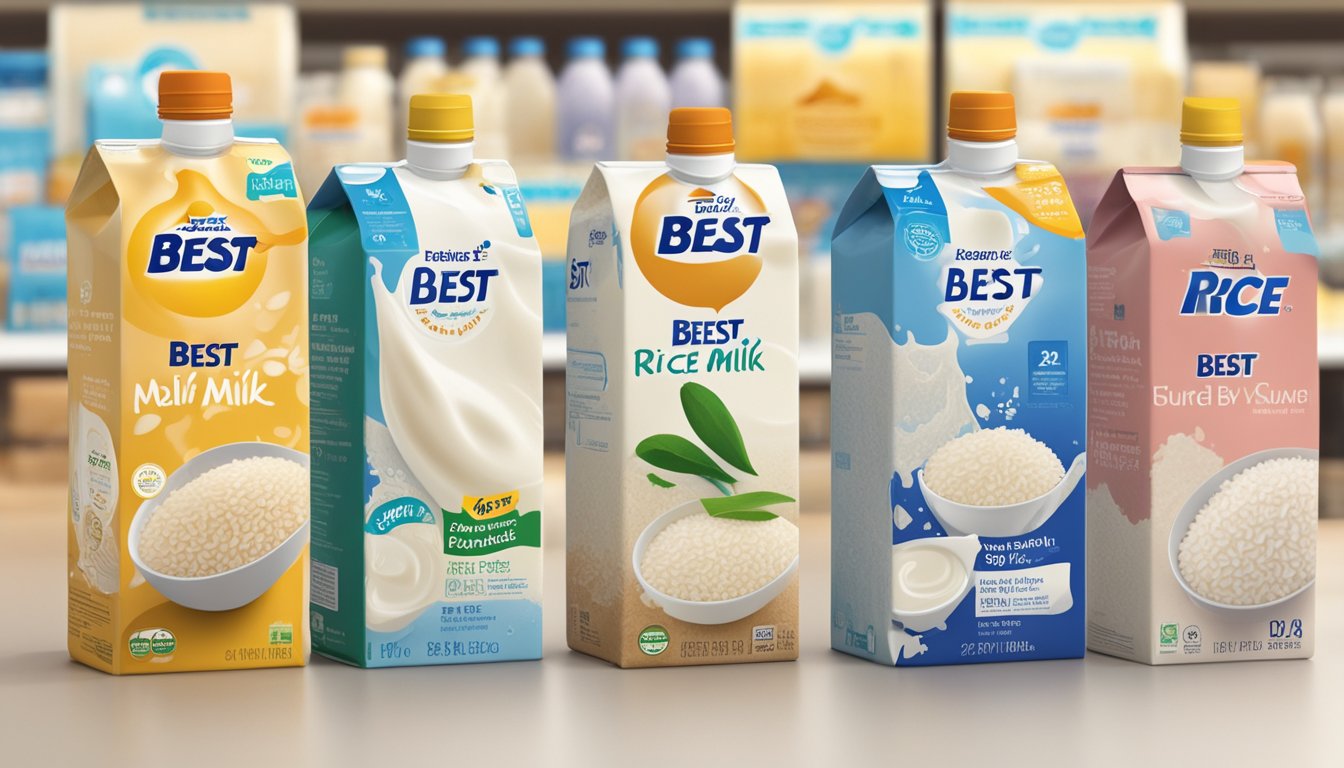 A carton of rice milk sits on a shelf next to other non-dairy products, with a "best by" date visible on the packaging