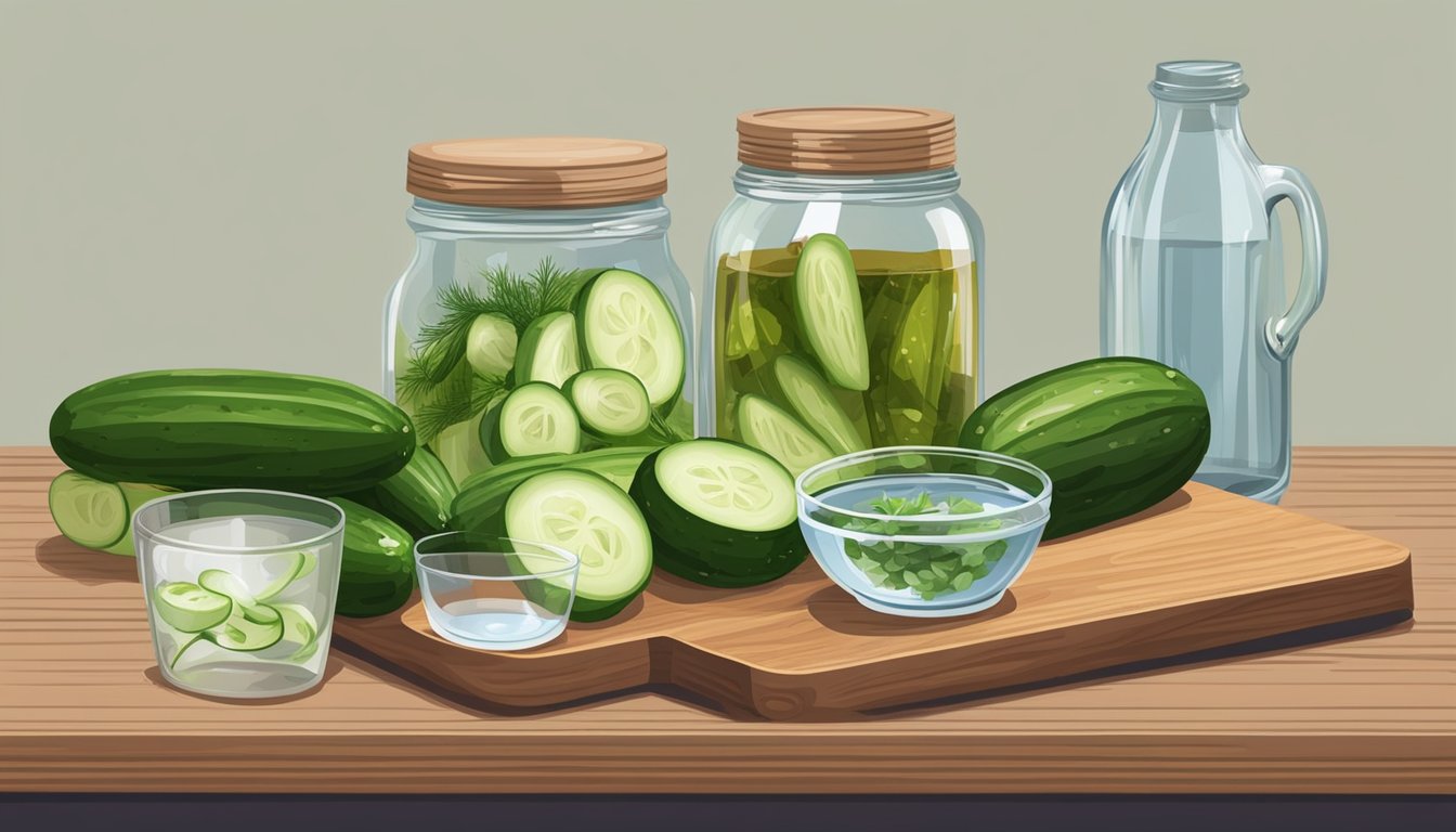 A wooden cutting board with fresh cucumbers, dill, garlic, and spices laid out next to a glass jar and a bowl of vinegar and water