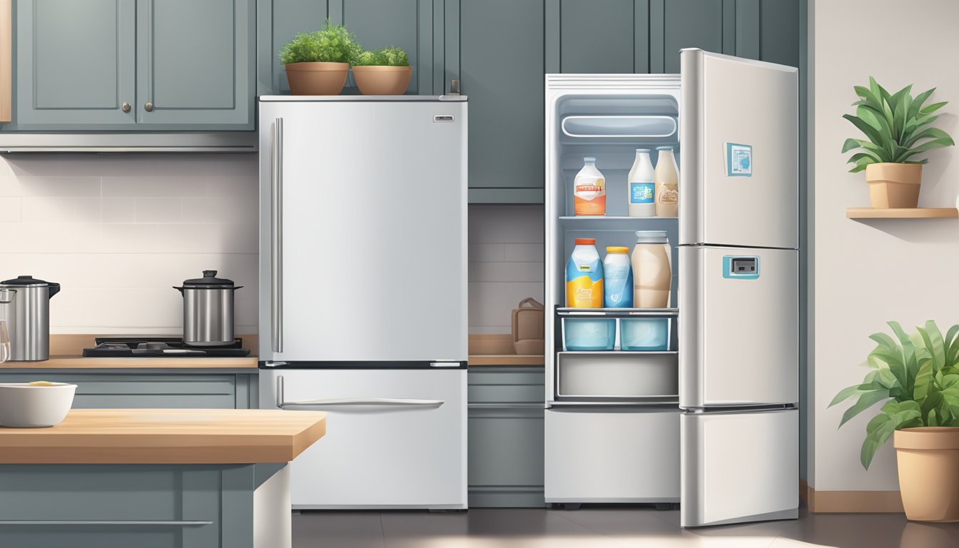 A carton of rice milk sits on a kitchen counter next to a refrigerator. The refrigerator door is open, with a clear view of the shelves inside