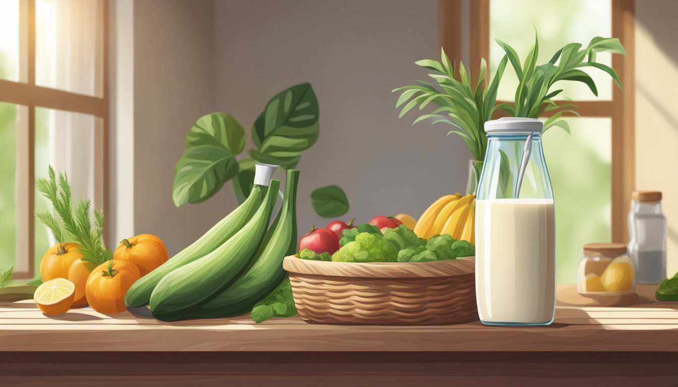 A glass bottle of flax milk sits on a wooden shelf next to a basket of fresh produce. The room is filled with natural light and green plants