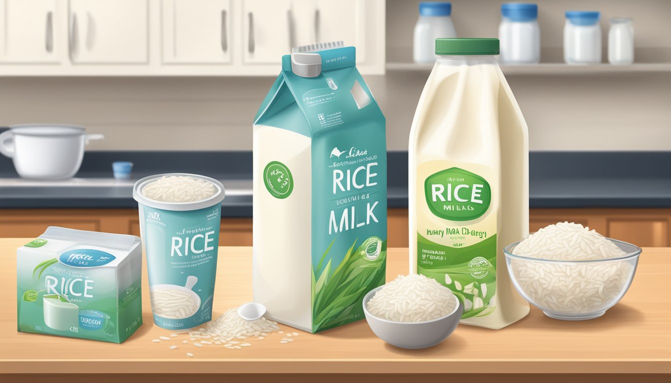 A carton of rice milk sits on a kitchen counter next to a bowl of rice and a measuring cup. The refrigerator door is open, with other dairy and non-dairy products visible inside