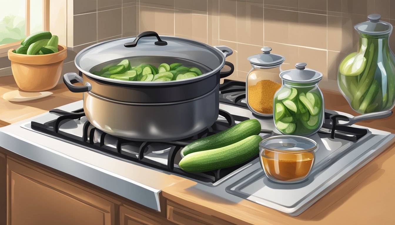 A large pot simmering on a stovetop, filled with vinegar, water, salt, and spices. Jars and cucumbers nearby