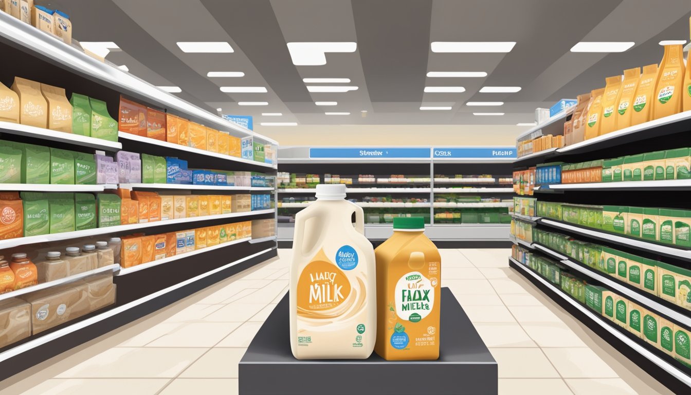 A carton of flax milk sits on a grocery store shelf, next to other non-dairy alternatives. The refrigerated section is visible in the background