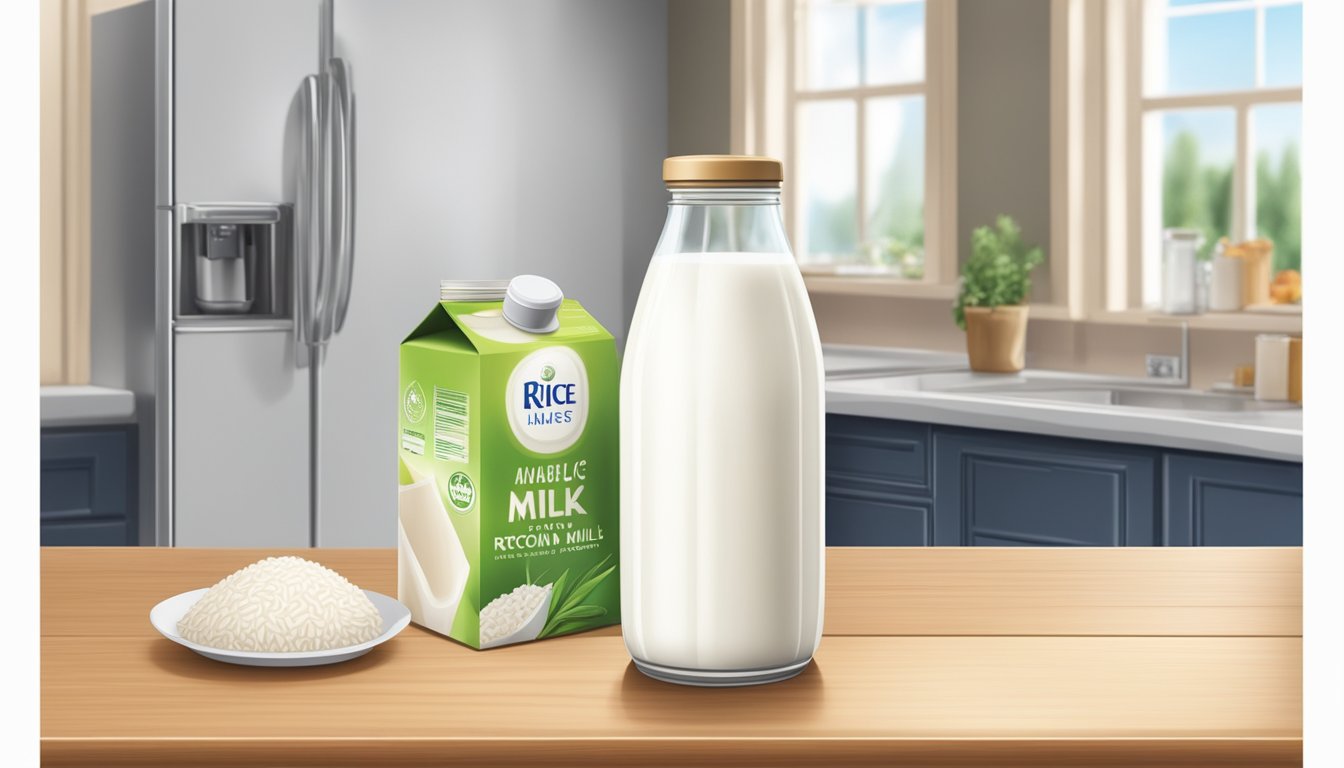 A carton of rice milk sits unopened on a kitchen counter, with a refrigerator in the background