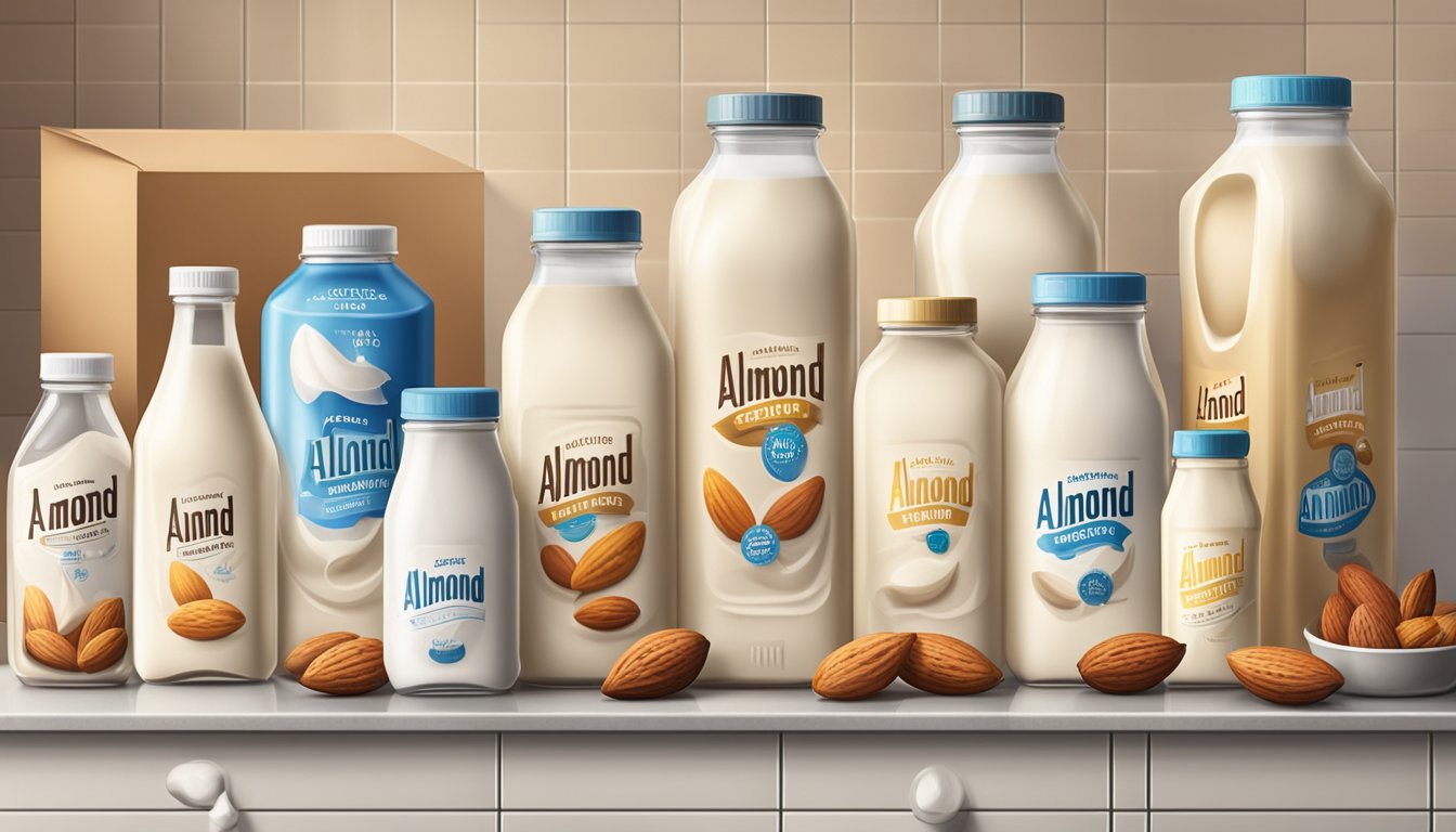 Various almond milk cartons and bottles displayed on a kitchen counter, some with condensation, others sealed and unopened