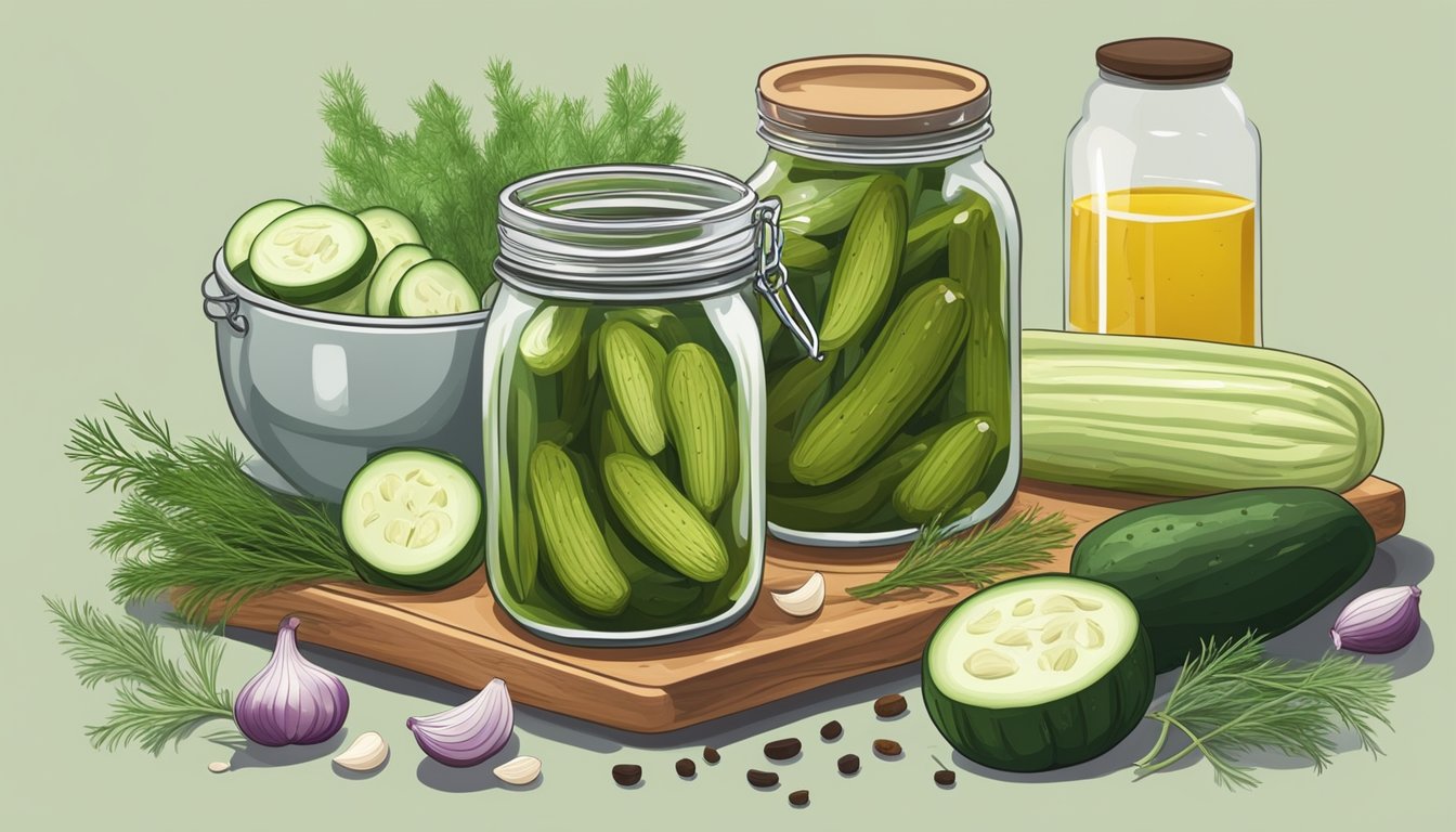 A jar of homemade pickles surrounded by fresh dill, garlic, and spices. A cutting board with sliced cucumbers and a bowl of brine sit nearby