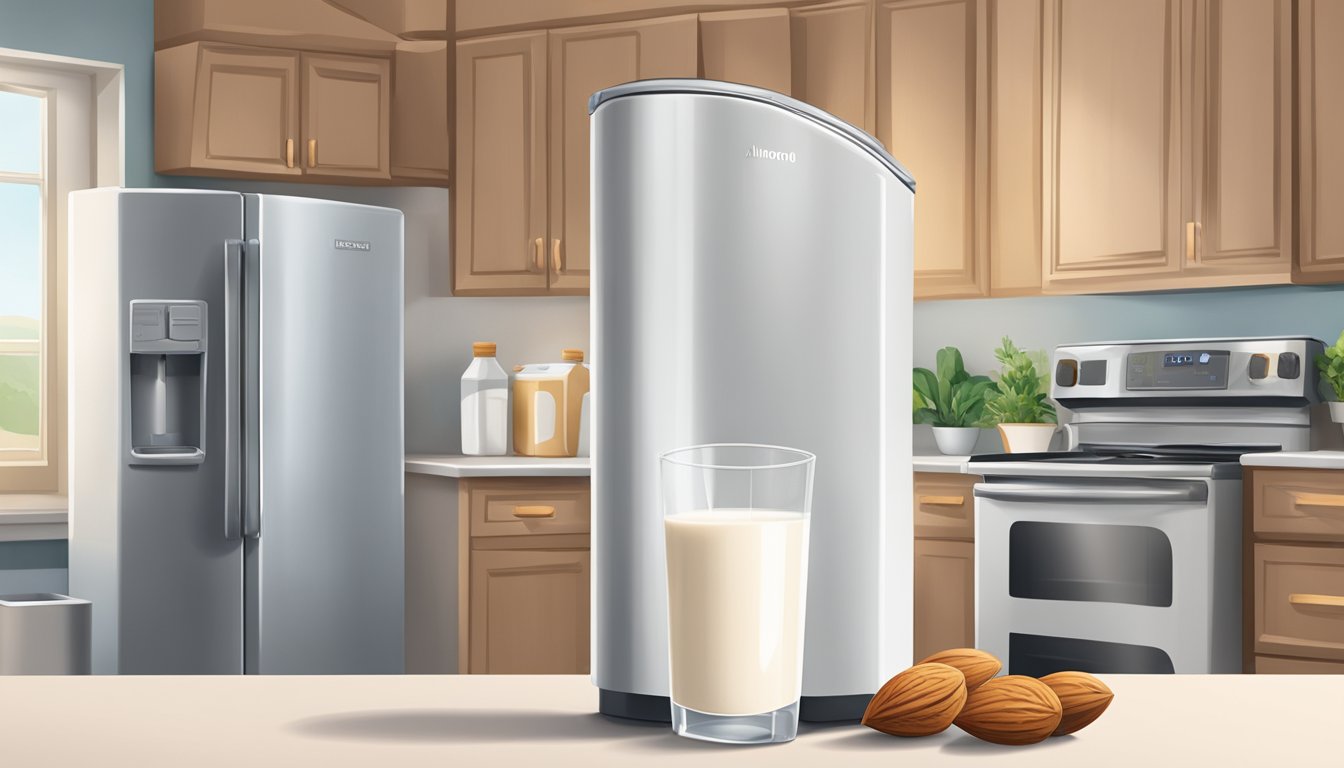 A carton of almond milk sits on a kitchen counter next to a refrigerator. The refrigerator door is open, indicating that the almond milk could be stored inside