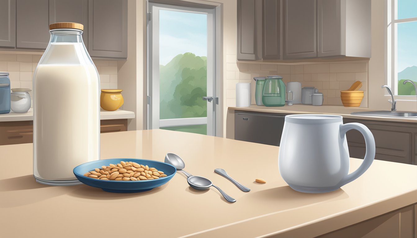 A glass of almond milk sits on a kitchen counter next to a bowl of cereal and a spoon. The refrigerator door is slightly ajar, indicating that the almond milk should be refrigerated after opening