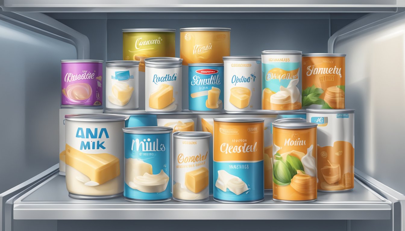 A can of condensed milk sits on a shelf in a refrigerator, surrounded by other dairy products