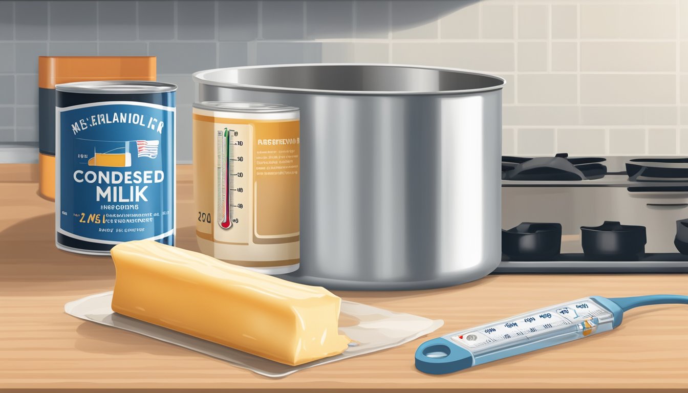 A can of condensed milk sits on a kitchen counter next to a thermometer reading below freezing