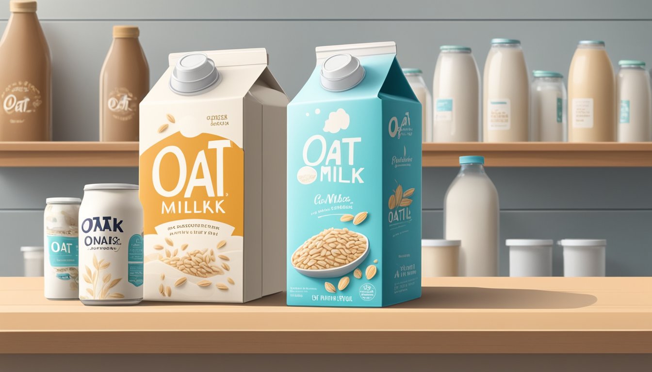 A carton of oat milk sits on a shelf next to other non-perishable items, with a refrigerator in the background