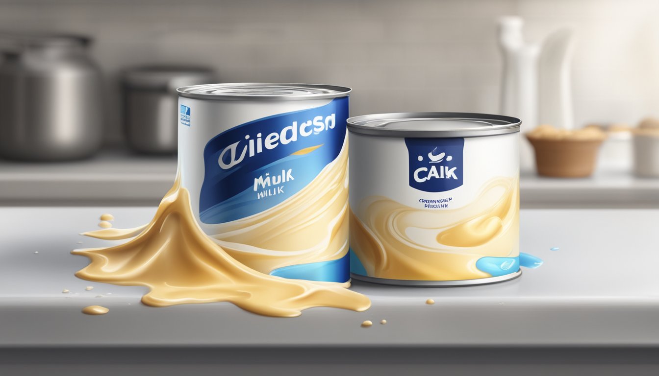 A can of condensed milk left out on a kitchen counter, with visible signs of spoilage, such as curdling and separation of the liquid