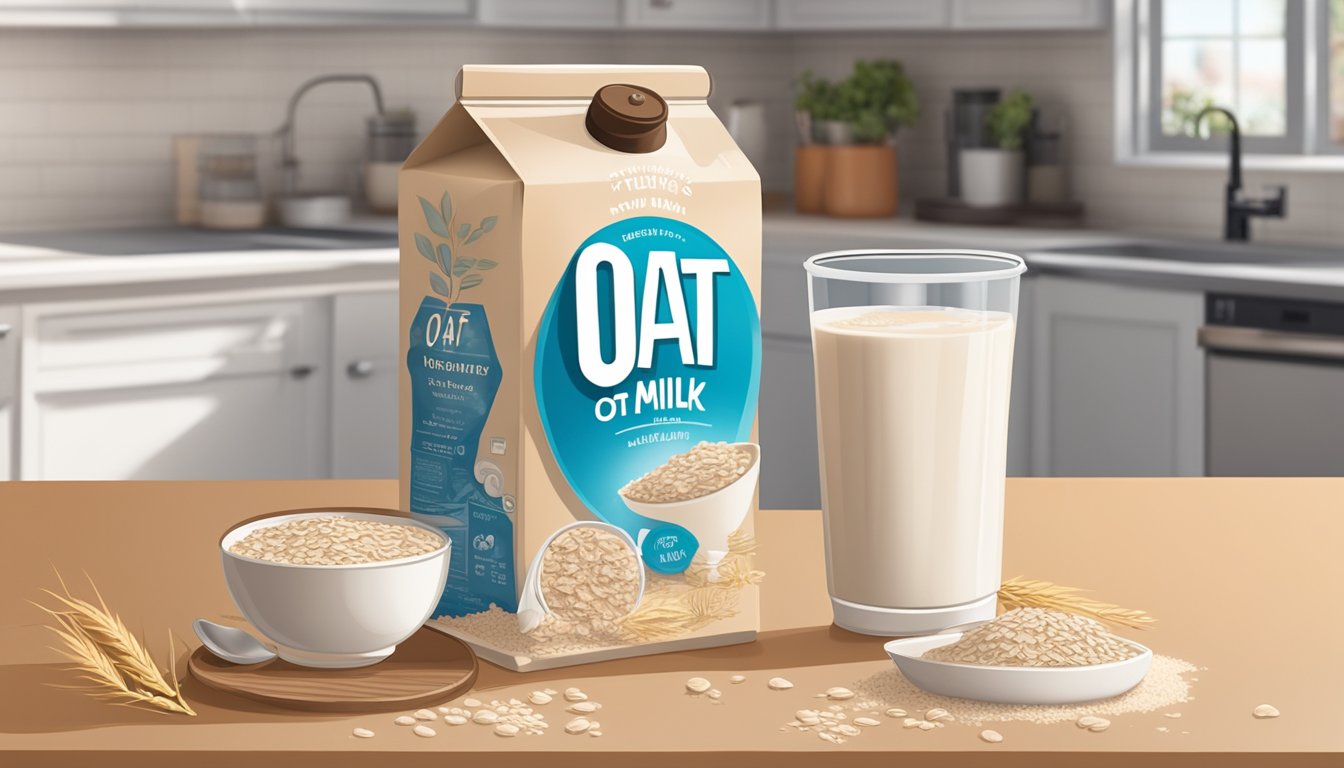 A carton of oat milk sits on a kitchen counter, surrounded by moldy and spoiled food items. The milk appears warm and is not refrigerated