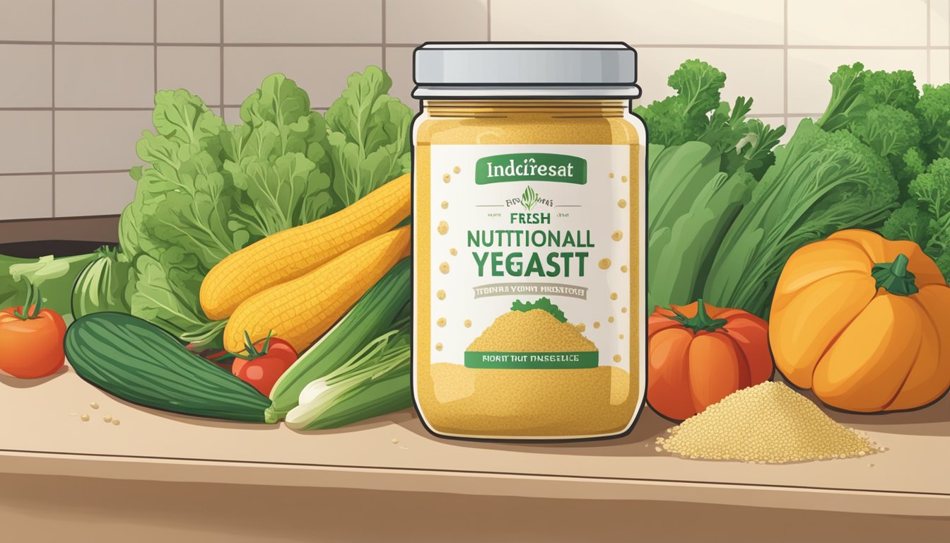 A jar of nutritional yeast sits on a kitchen countertop, next to a basket of fresh vegetables. The jar is unrefrigerated, indicating it does not require refrigeration