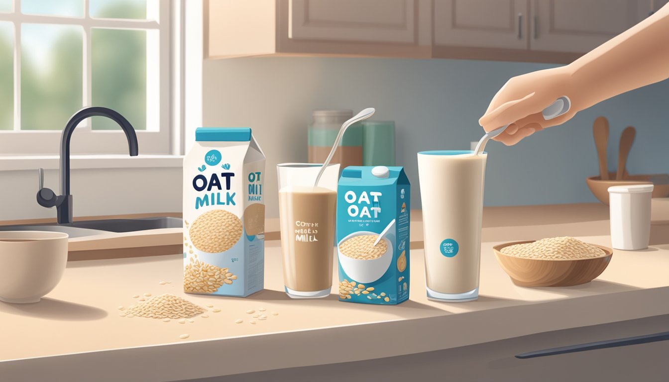 A carton of oat milk sits on a kitchen counter next to a bowl of oats and a spoon. The fridge door is open, with a hand reaching for the milk