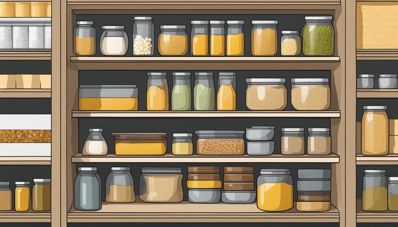 A kitchen pantry shelf with a sealed container of nutritional yeast next to other dry goods, with no refrigerator in sight