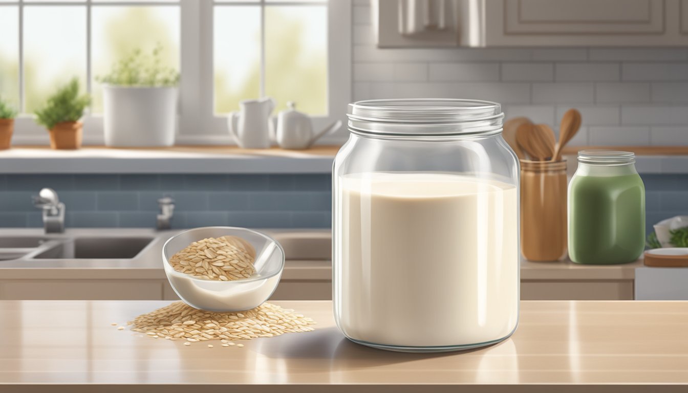 A glass jar of homemade oat milk sitting on a kitchen counter