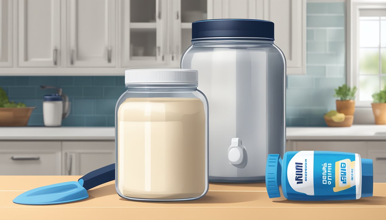 A jar of whey protein powder sits on a kitchen counter next to a shaker bottle and a refrigerator. The lid of the jar is open, and a scoop is nestled inside the powder