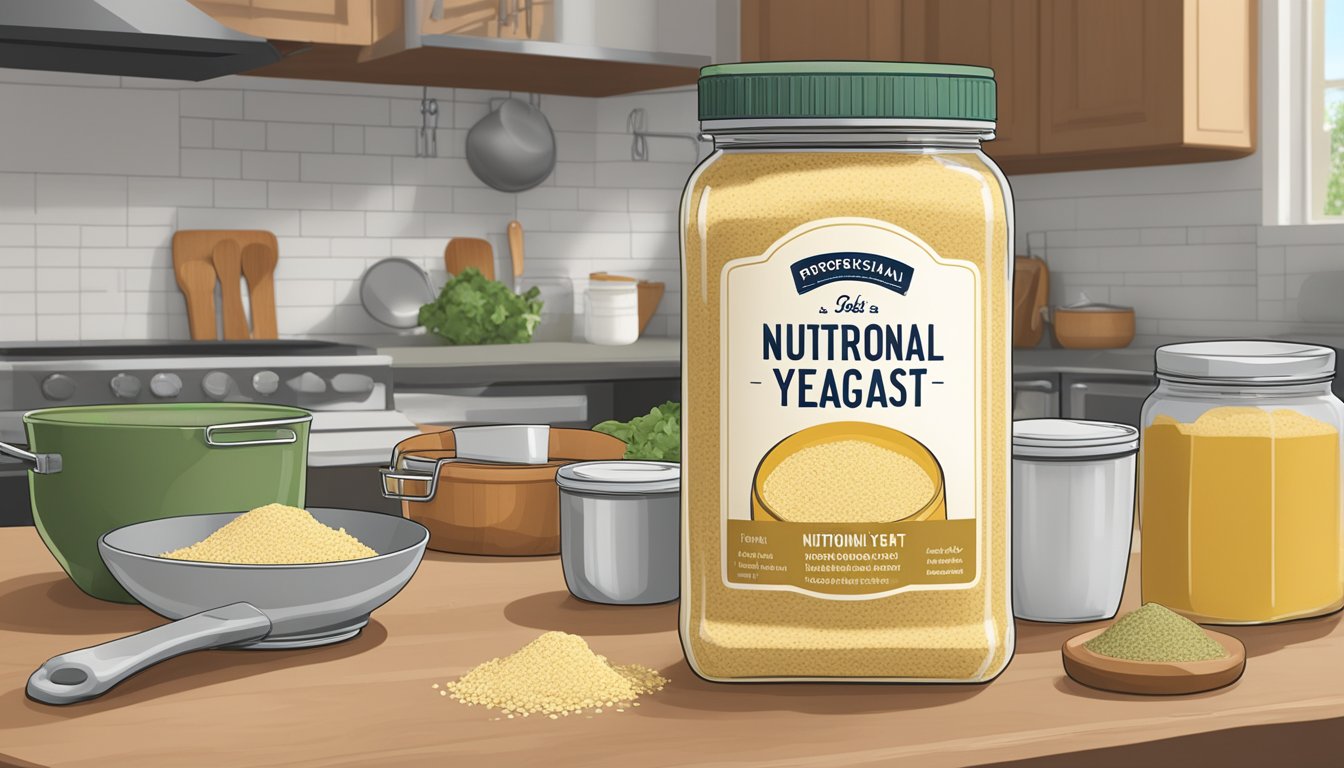 A jar of nutritional yeast sits on a kitchen counter, surrounded by various ingredients and cookware. The label on the jar indicates that it does not require refrigeration