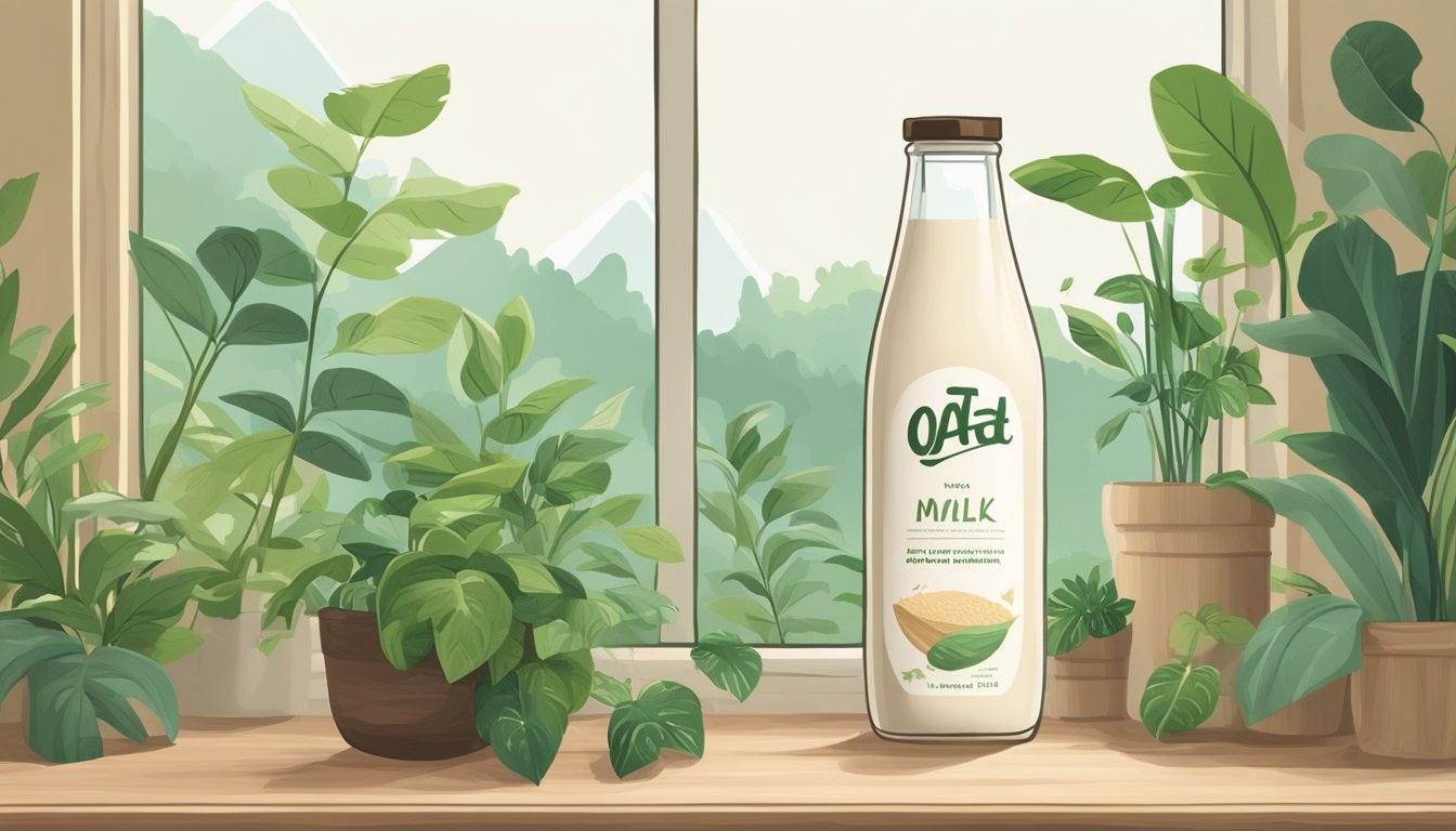 A glass bottle of oat milk sits on a wooden shelf, surrounded by lush green plants and eco-friendly packaging. The scene exudes a sense of sustainability and ethical consumption