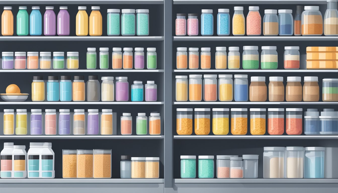 A pantry shelf with a neatly organized row of protein powder containers, with a refrigerator in the background