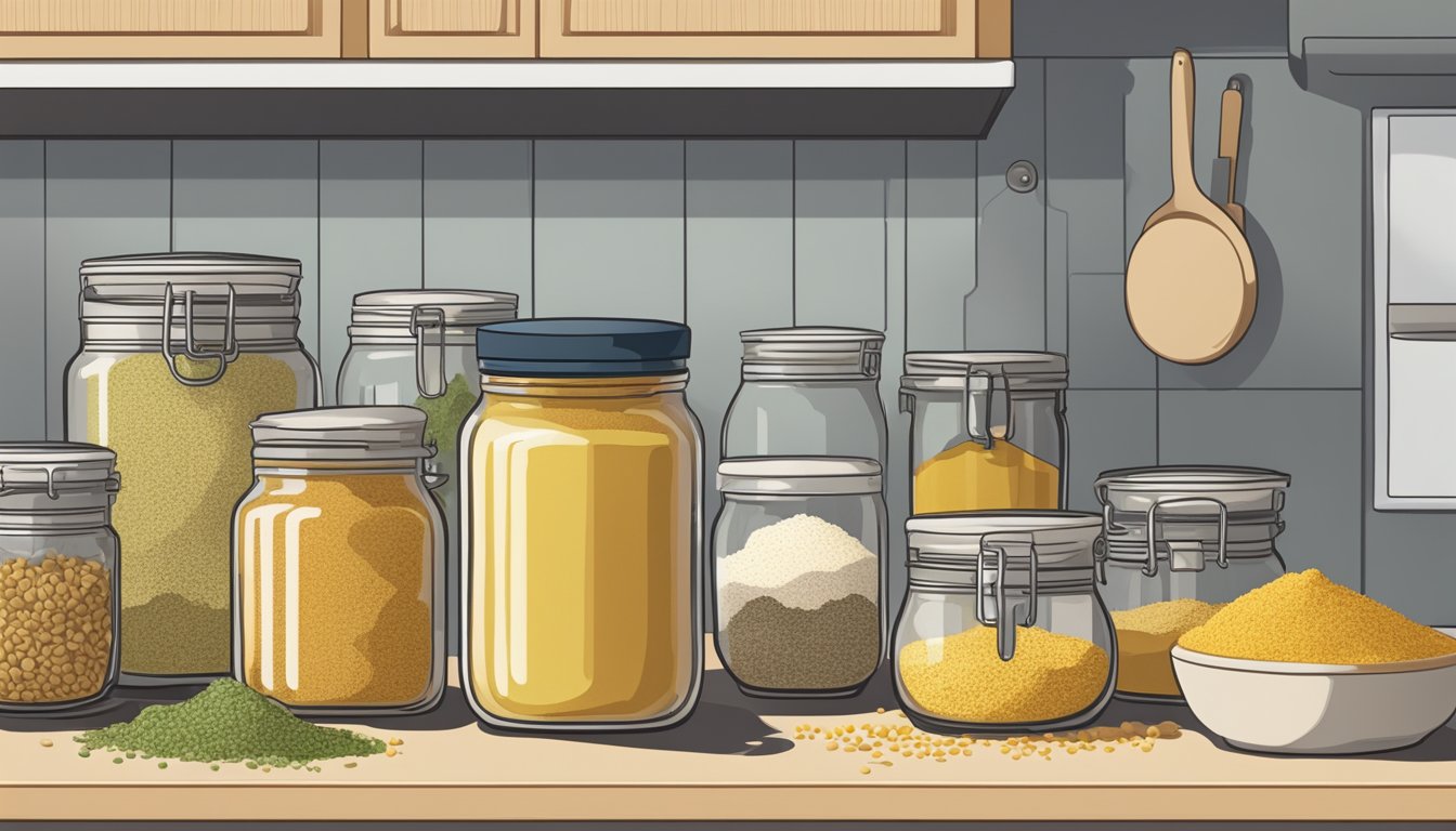 A jar of nutritional yeast sits on a kitchen counter next to various spices and ingredients. The refrigerator door is slightly ajar, indicating a decision to refrigerate or not