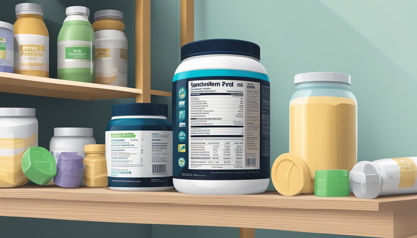 A sealed container of whey protein powder sits on a cool, dry shelf next to other supplements