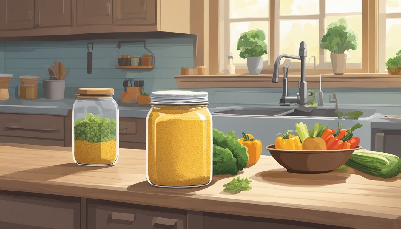 A jar of nutritional yeast sits on a kitchen counter next to a bowl of fresh vegetables and a loaf of bread. The refrigerator door is open, revealing other items inside