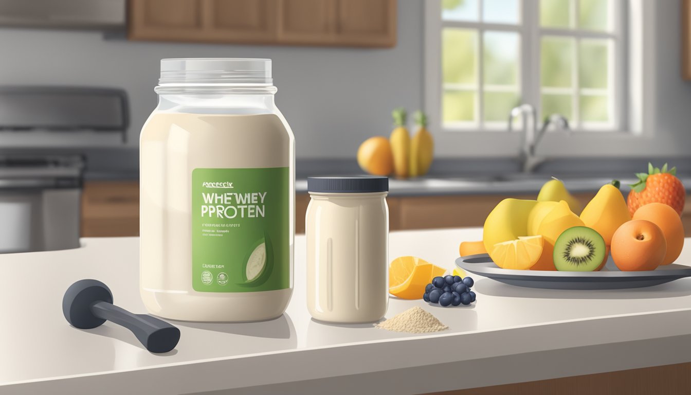 A jar of whey protein powder sits on a kitchen counter next to a scoop and a shaker bottle. The counter is clean and well-lit, with a bowl of fresh fruit in the background