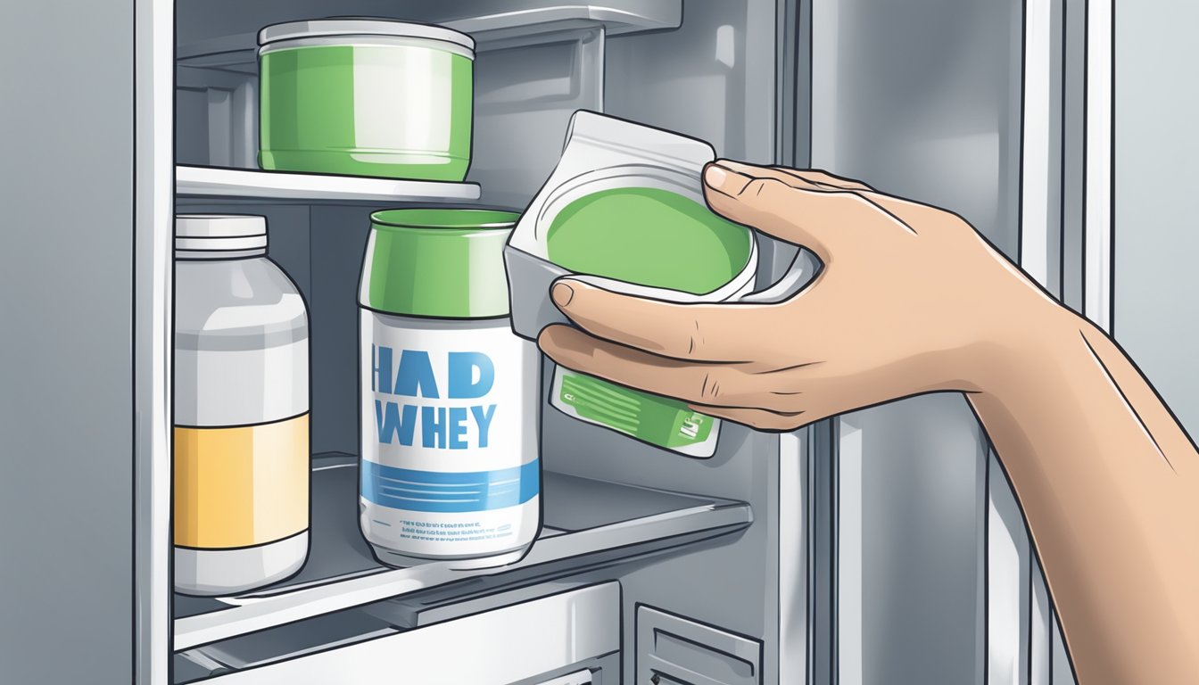 A hand placing a tub of whey protein powder in a refrigerator