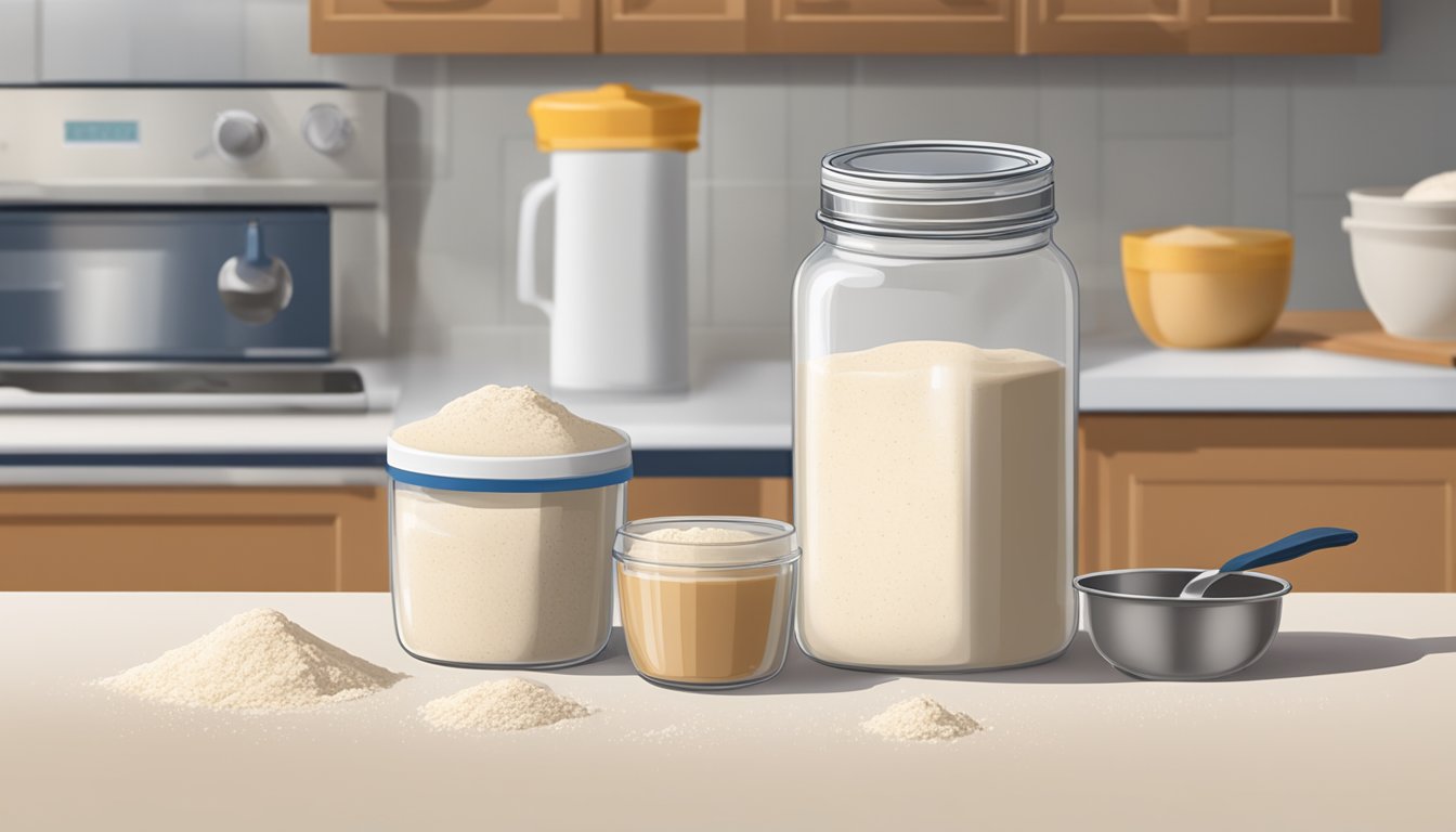 A jar of sourdough starter sits on a kitchen counter next to a refrigerator. The starter is surrounded by flour, a mixing bowl, and a measuring spoon