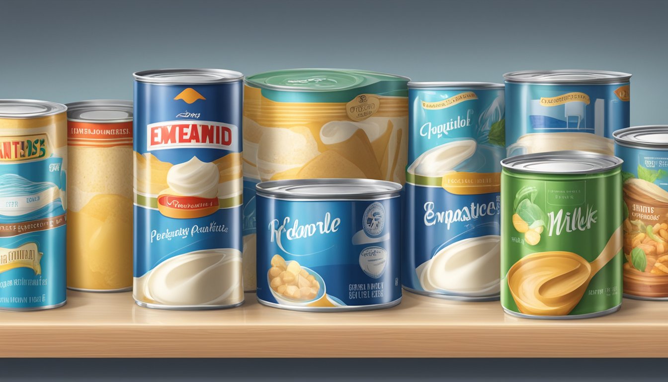 A can of evaporated milk sits unopened on a shelf, surrounded by non-perishable items in a pantry