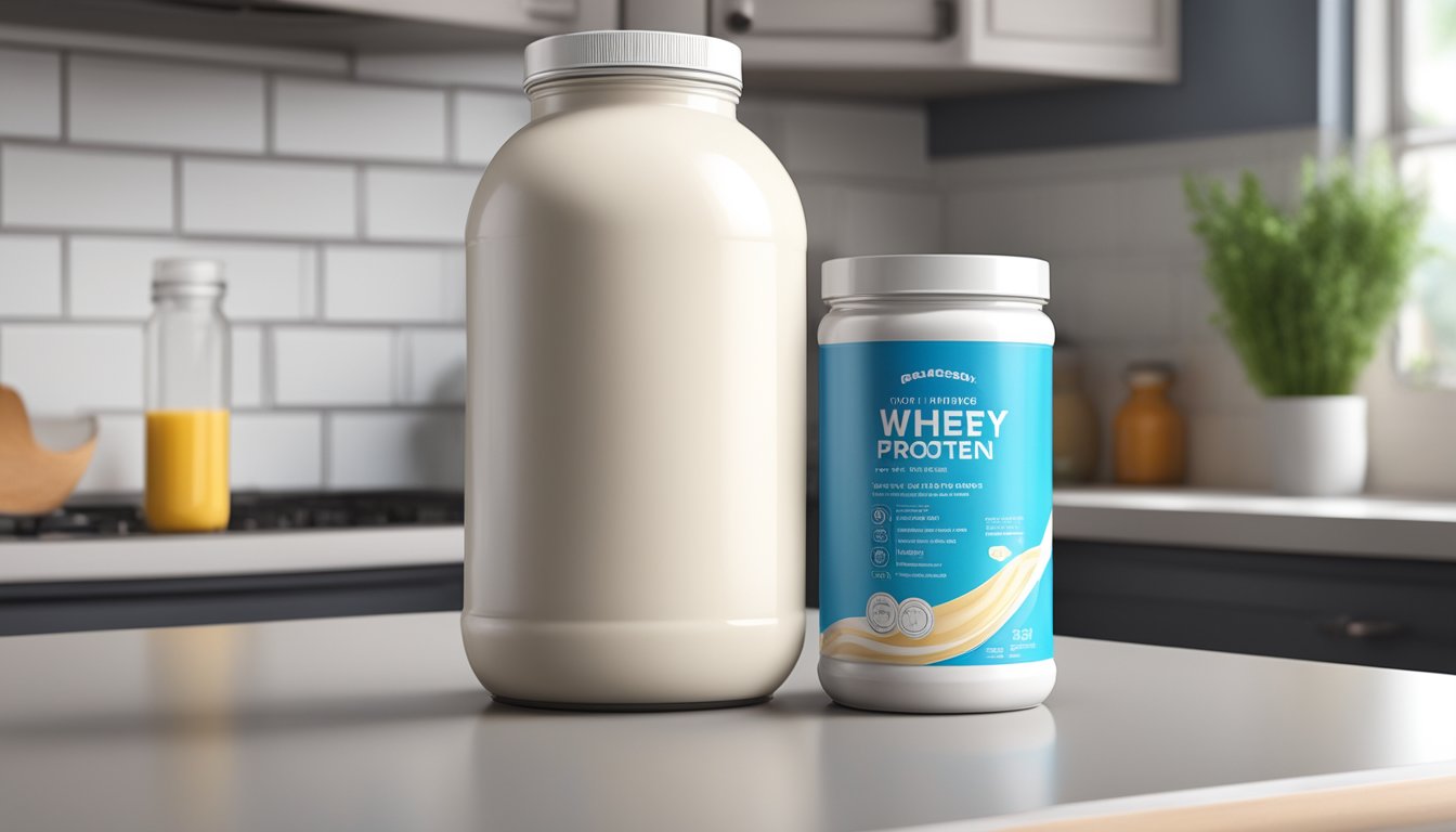 An open container of expired whey protein powder sits on a kitchen counter next to a refrigerator