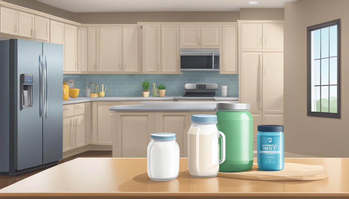 A kitchen counter with a jar of whey protein powder, a scoop, and a glass of milk. A refrigerator is in the background