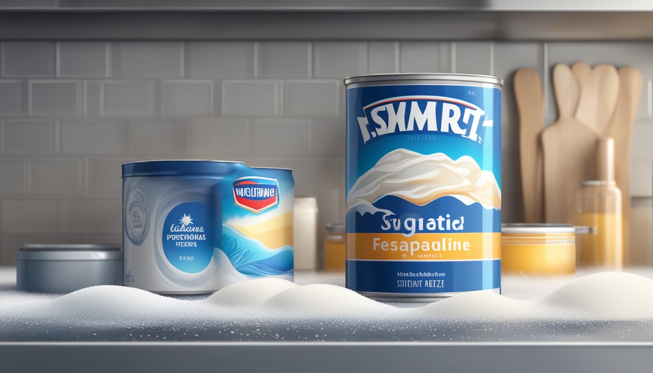 A can of evaporated milk sits on a kitchen counter next to a frost-covered freezer