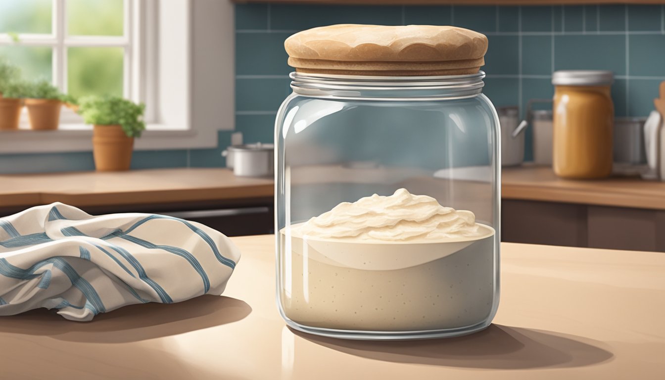 A glass jar with a loose-fitting lid sits on a kitchen counter, filled with bubbling sourdough starter. A small cloth covers the top